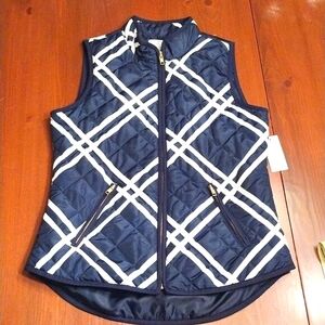 Crown & Ivy Puffer Vest, Navy with White Pattern & Gold Zippers, Size Small, NWT